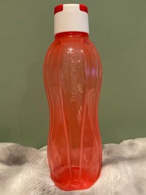 Tupperware Coral-Red Water Bottle with White Cap